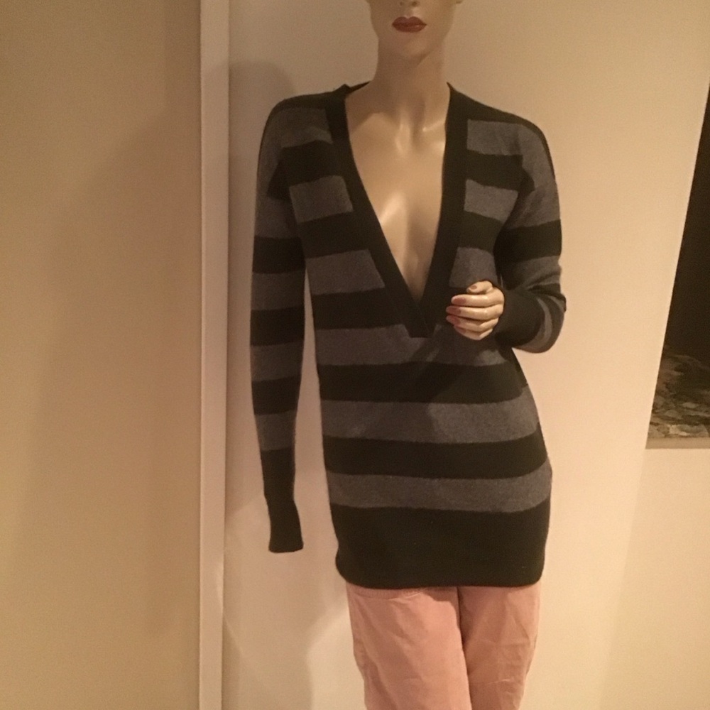 Vince Gray Green‎ Striped Deep V Neck 100% Cashmere Tunic Sweater M
